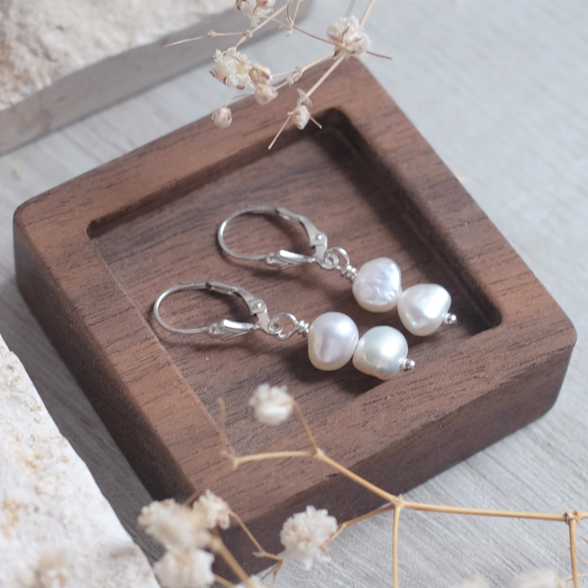 Boucles d'oreilles double perles d'eau douce en argent sterling