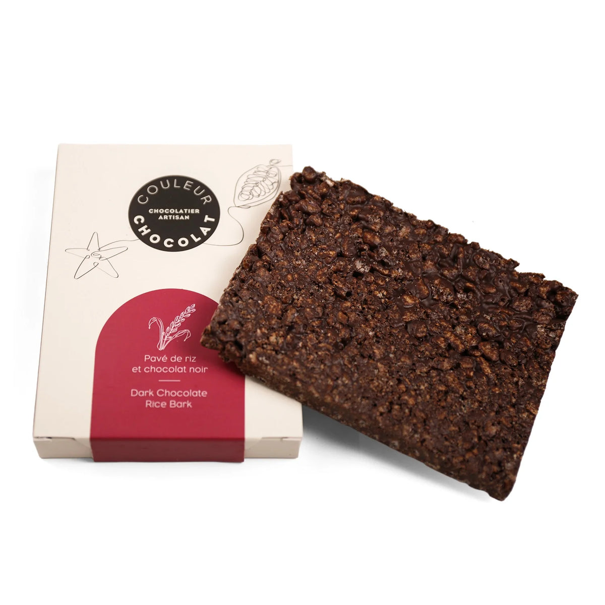 Pavé de riz et chocolat noir de Couleur Chocolat, avec sa boîte