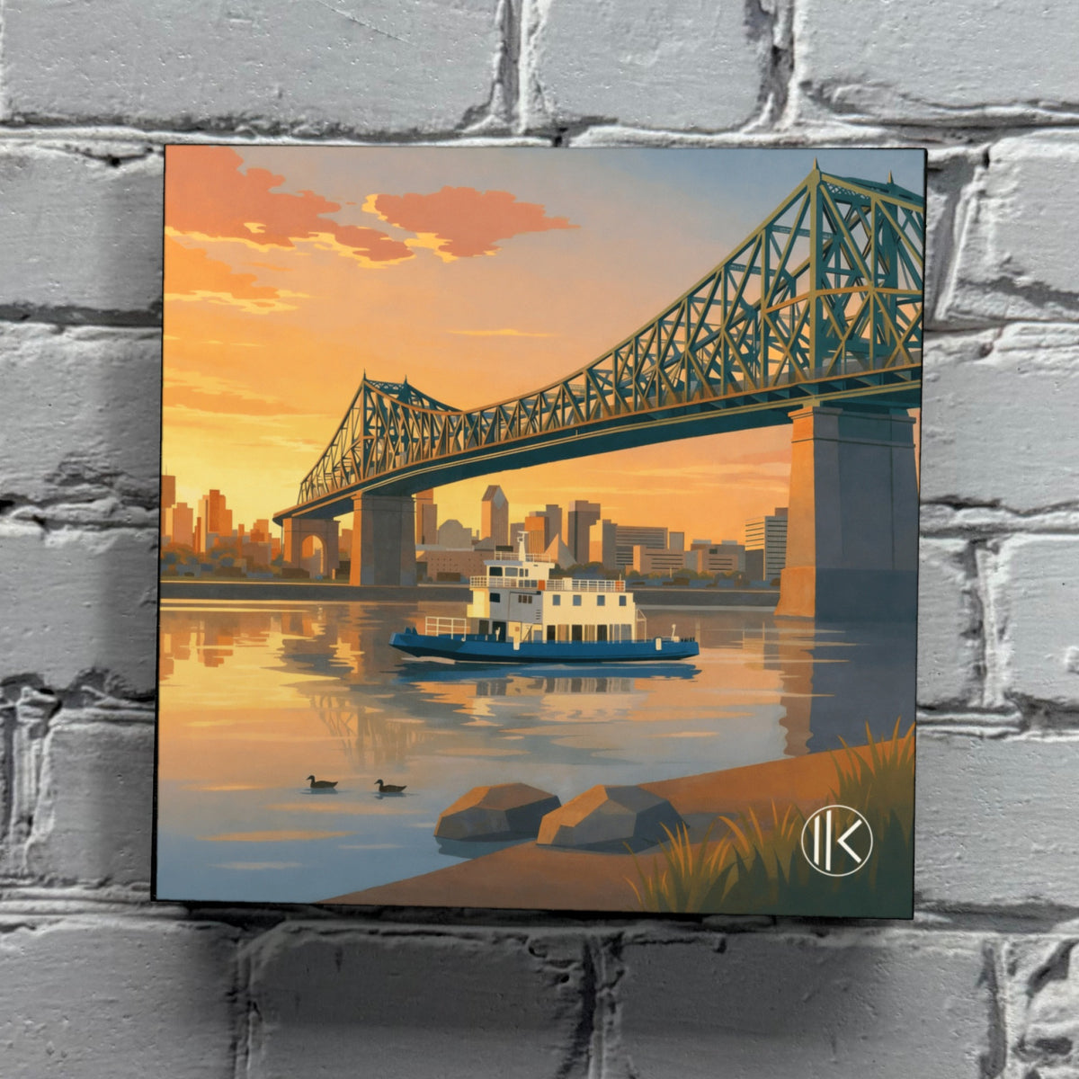 Fabrik Nordik « Pont Jacques Cartier » wooden Ikon hung on a white brick wall, showing the thickness of the wood block