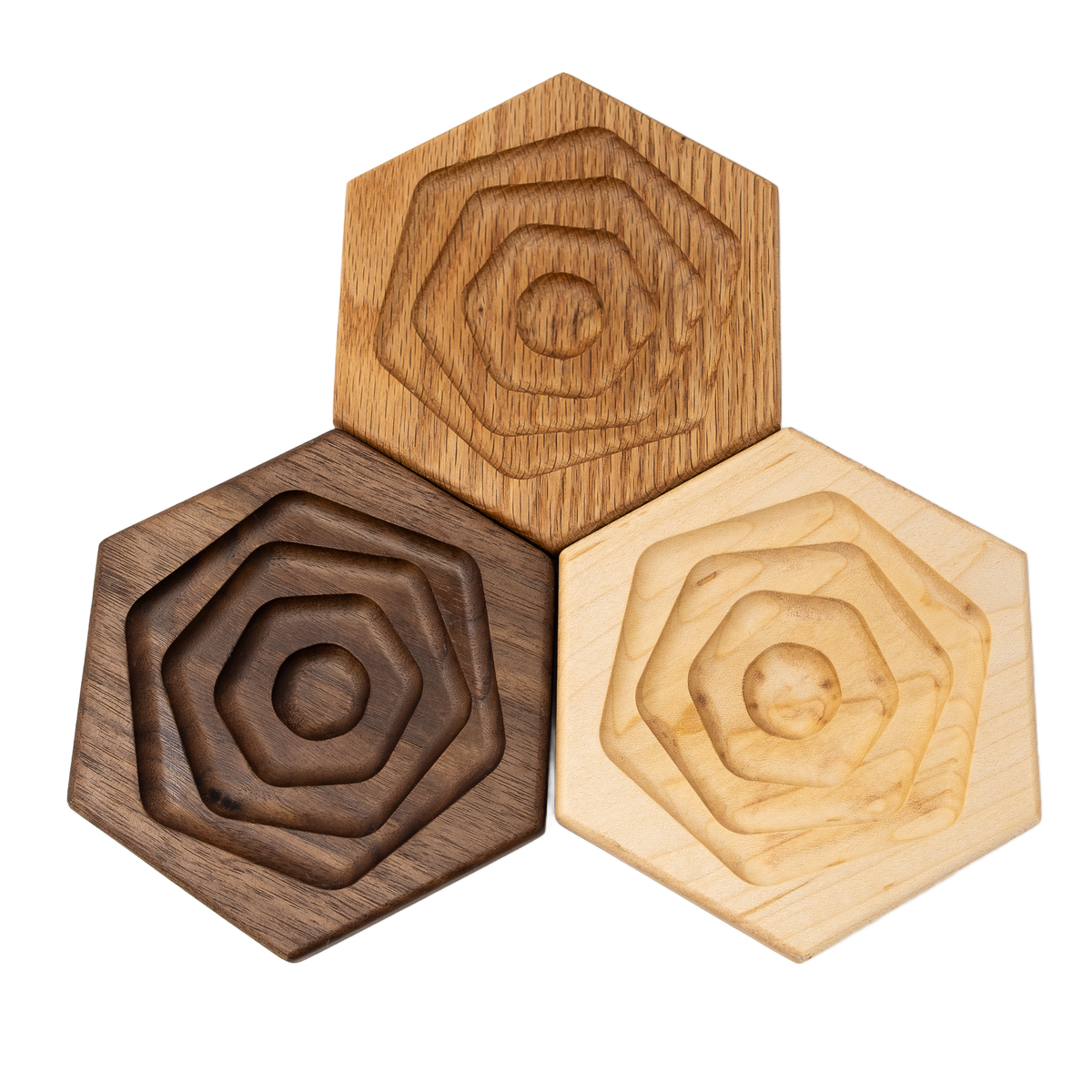 Planchette apéro hexagonale — porte-verre en bois massif
