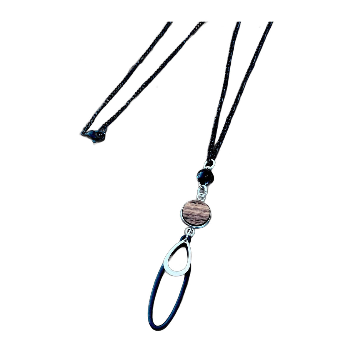 Collier long goutte noir et bois