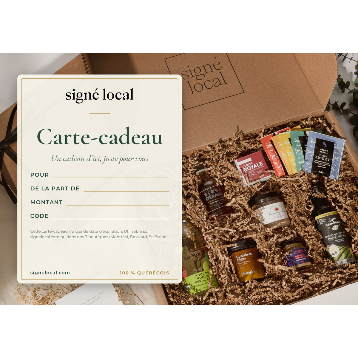 Carte-cadeau Signé Local présentée avec un coffret de produits québécois