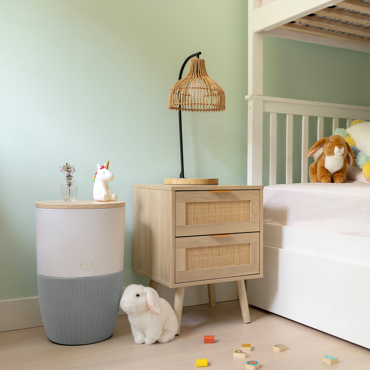 Bloom air purifier with oak top in a child's bedroom