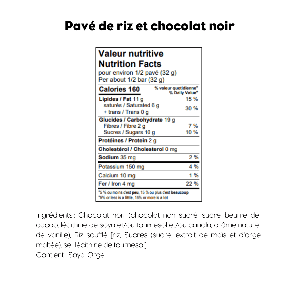 Valeur nutritive et ingrédients du pavé de riz et chocolat noir