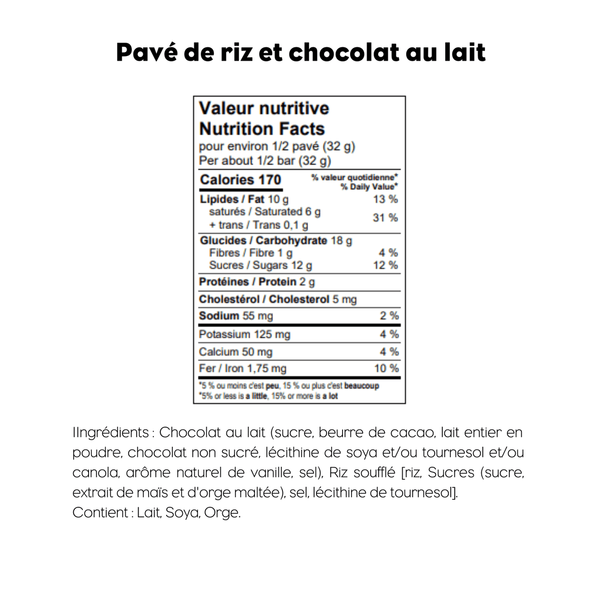 Valeur nutritive et ingrédients du pavé de riz et chocolat au lait